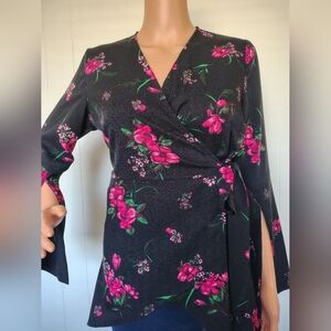 Laurie Felt Floral Wrap Top - Black and Pink Size XS